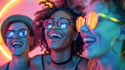 Vibrant Neon Party with Stylish Group of Friends Expressing Joy in Artistic Setting