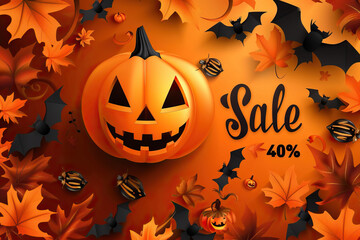 Wall Mural - Jack-o'-lantern pumpkin on sale for Halloween, 40% off. Vibrant orange with black details. Dominant colors: orange and black. Gourd, cucurbita flower.