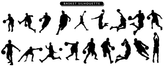 collection of Basket man silhouettes in different posses clipart vector illustrator