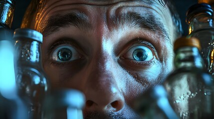 A person with a blank expression staring into the distance, surrounded by empty bottles, depicting the struggle with alcoholism. A close-up of a man's face with wide eyes surrounded by various glass b