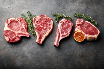 Wall Mural - Delectable raw steaks with fresh herbs on dark surface