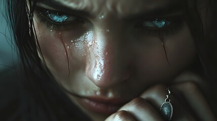 A close-up portrait of a young woman with intense expression, wet from tears, showcasing deep emotion and vulnerability. 