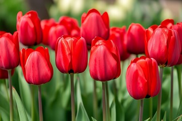 Poster - Numerous red tulips set against a natural backdrop