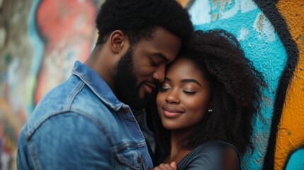 Romantic young African American couple tenderly hugging and kissing against graffiti wall. Lovers express love, tenderness and happiness. Urban style.