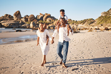 Poster - Piggyback, bonding and black family at beach for fun on tropical vacation, travel or getaway. Shoulder carry, happy and African children with parents by ocean on holiday, adventure or weekend trip.