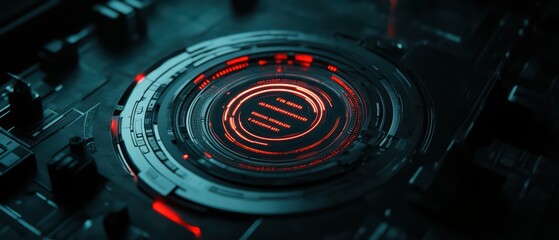 Fototapete - Futuristic abstract circuit design with glowing red elements on a dark background, showcasing technology and innovation.