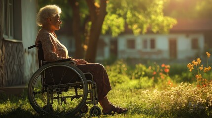 A woman in a wheelchair is sitting in a garden