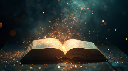 Poster - a magical book opens, releasing shimmering particles into air, creating an enchanting atmosphere fil