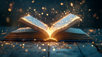 Poster - a magical book opens, releasing sparkling light and energy, evoking sense of wonder and imagination.