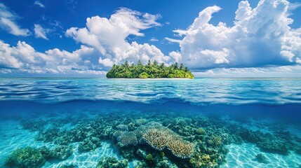 Coral reef atoll in the ocean with a tropical island and palm trees