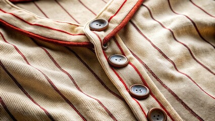 Close-up of a classic baseball jersey with vintage buttons, worn threads, and faded logo, evoking nostalgia and American sports heritage.