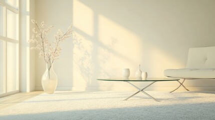 Wall Mural - A glass coffee table sits in a room with a window and a vase of flowers