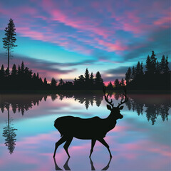 Sticker - one deer silhouette at blue and pink sunset sky