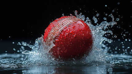 A red cricket ball splashes into water, creating dynamic droplets and ripples, evoking sense of energy and excitement.