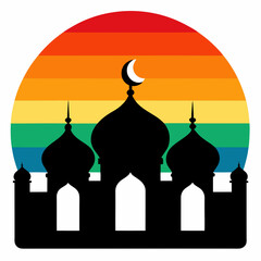 Mosque silhouette with a vibrant rainbow moon vector illustration. T-shirt design vector art.