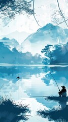 Wall Mural - Serene Fisherman in Mountain Lake.