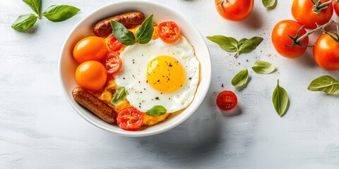 Wall Mural - Hearty breakfast with sunny side up egg, fresh tomatoes, sausages