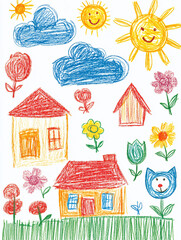 Wall Mural - doodle-style, simple lines, children's drawings of suns, clouds, cats, houses, flowers, bright colors on a white background, simple drawings, children's art created with crayons.