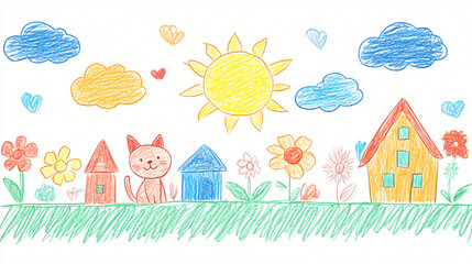 Wall Mural - doodle-style, simple lines, children's drawings of suns, clouds, cats, houses, flowers, bright colors on a white background, simple drawings, children's art created with crayons.