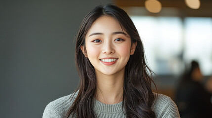 A woman with long hair is smiling and looking at the camera