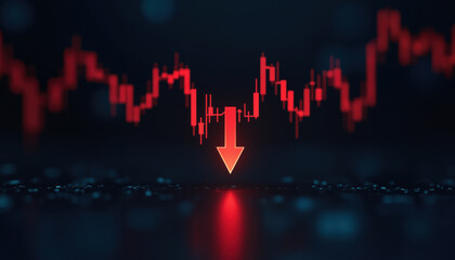 Poster - Close-Up of Stock Market Chart with Downward Red Line: A close-up of a stock market chart showing a downward red line, symbolizing market decline and financial challenges.
