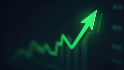 Poster - Upward Green Arrow on Stock Market Display: A green arrow pointing upward on a digital stock market display, symbolizing positive market trends and financial growth.