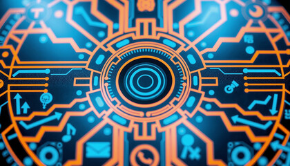 Poster - Close-up of a circuit board with a blue and orange circular design. The intricate, detailed pattern features technological symbols on a black background, emphasizing a futuristic tech theme.