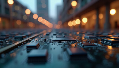 Poster - close-up of a pcb with illuminated components. the background blurs into a cityscape, creating a mys