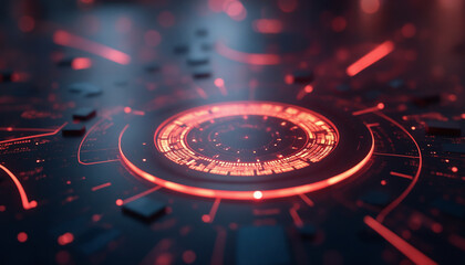 Poster - a futuristic technology background features a glowing red circle, surrounded by a blurred interface 