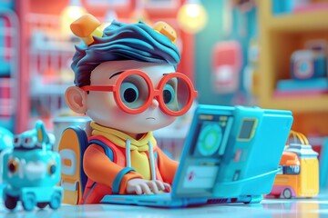 A cute cartoon child working on a laptop in a colorful room, surrounded by toys and books, reflecting a fun learning environment.