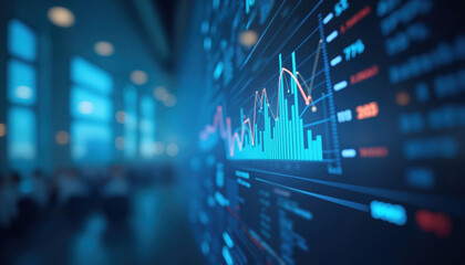 Poster - Stock Market Downtrend with Office Background: Digital screen showing a stock market chart with a downward trend in red and blue, set against a blurred office background.