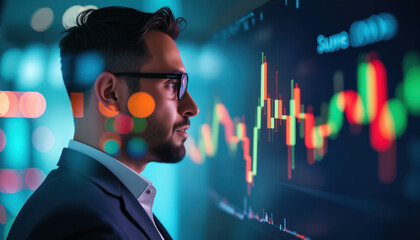 Poster - Businessman Reviewing Stock Market Data: A businessman reviewing stock market data on a digital screen, representing investment analysis and strategic decisions.