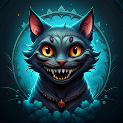  Illustration of a stylish evil black cat celebrating Halloween and Samhain in bright glowing colors in festive mood on a dark background