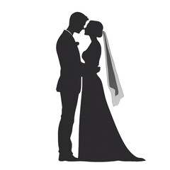 Elegant silhouette of a bride and groom sharing a romantic kiss, capturing love and commitment on their special day. transparent background