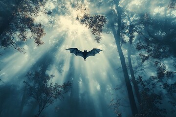 Canvas Print - A bat flying through a misty forest 