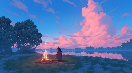 Wall Mural - A serene scene of a young person, sitting by a campfire at sunset.