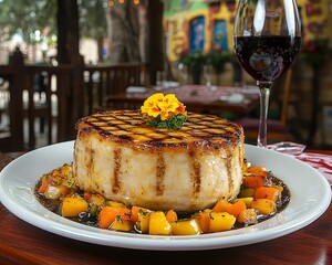 A closeup lowangle shot of a grilled glazed dish with yellow peppers and a glass of wine in the background