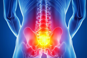 An x-ray of the human body with a highlighted back pain area, on a blue background