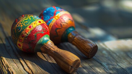 Wooden maracas with vibrant colors, resting on a rustic wooden table, captured in natural, warm light. 32k, full ultra hd, high resolution