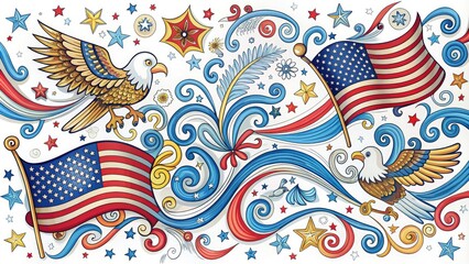 Wall Mural - Colorful hand-drawn doodles of American flags, eagles, and stars on a white background, surrounded by swirls and curls, evoke a playful patriotic atmosphere.