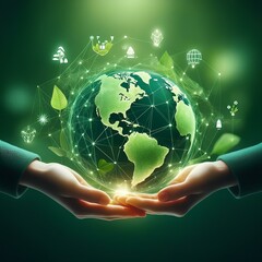 holding Global communication network with Environment icon on a green background.Green technology and Environmental technology.ESG