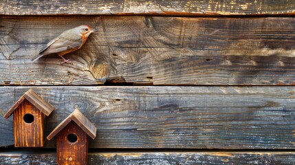 Robin bird perched on rustic wooden fence with birdhouses, spring nesting concept, wildlife photography