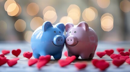 Pink and blue piggy banks in love with red hearts concept of love and saving