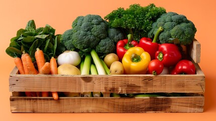 Pine box full of colorful fresh vegetables on a orange background ideal for a balanced diet contains broccoli cucumber onion asparagus peppers carrots and potatoes