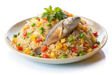 A plate of fried rice with a crispy fried fish on top, surrounded by fresh vegetables, symbolizing a balanced meal, delicious flavors, Asian cuisine, culinary artistry, and healthy eating.