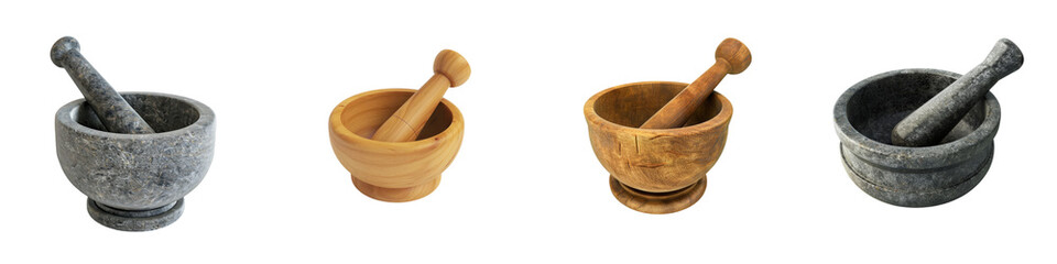 Set of four mortar and pestle, showcasing different materials and colors, ideal for culinary or medicinal use.