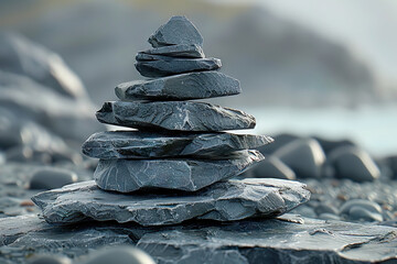 Zen-like stacked stones forming a cairn on a pebbly beach with misty seascape in the background