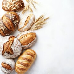 Assortment of various delicious freshly baked bread and flour ingredient on white background, banner, copy space. Variety of artisan bread and ears of whea