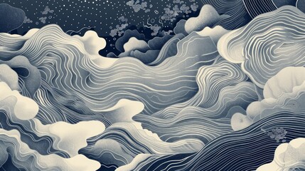 Poster - Textured elements, including stippling pattern in navy blue and some linear scribbles