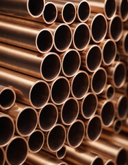 Copper bronze heat exchanger pipes. Heavy non-ferrous metallurgy. Factory industrial production of metal cuprum pipes. Heat exchanger is a technical device in which heat is exchanged between two media